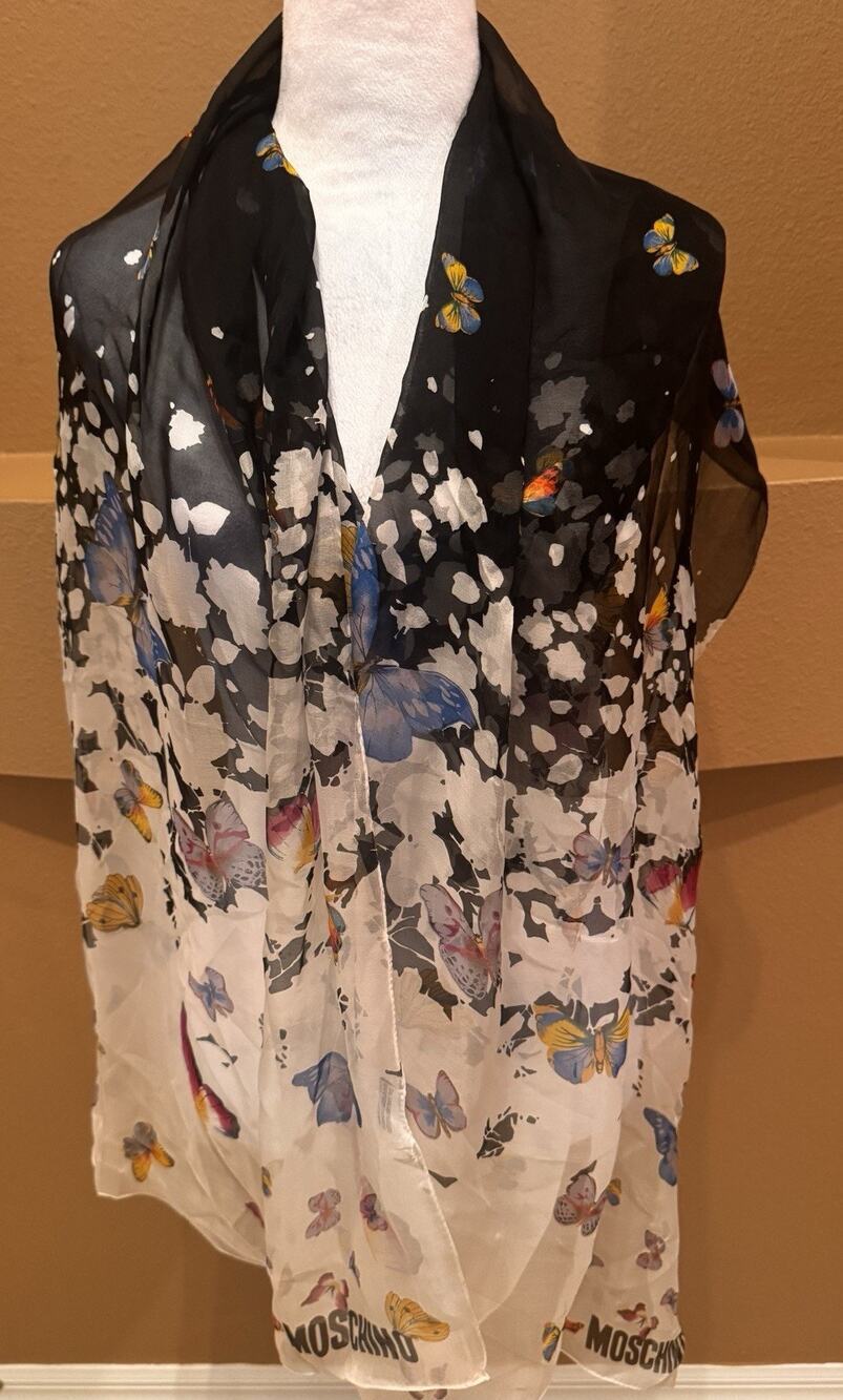 Moschino Silk Scarf Black/White Ombré Butterfly Italy Made 68 by 25